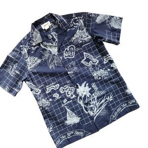 Helena's Hawaiian Shirt Mens Medium Vintage USA Blue White Map Island Tropical